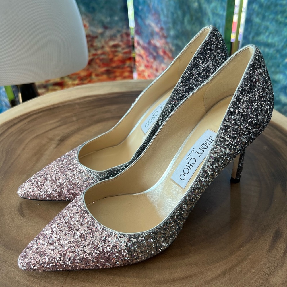 Jimmy Choo pink & silver glitter heels 100mm size 38